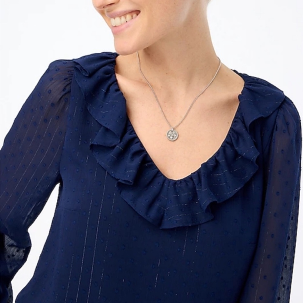 NWT J. CREW V-neck shimmery clip-dot Navy Blue  Lined L/S ruffleneck top Sz L